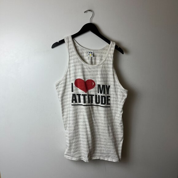 Vintage I Love My Attitude Tank Top Gray Cream XL Extra Large USA Striped Logo - Picture 9 of 14